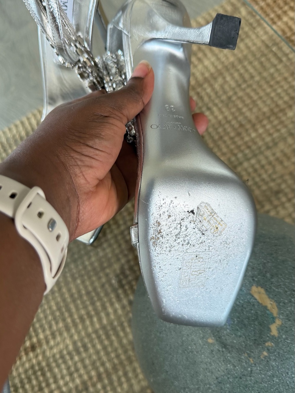 Jimmy Choo Silver Beaded T-Strap Heeled Sandals